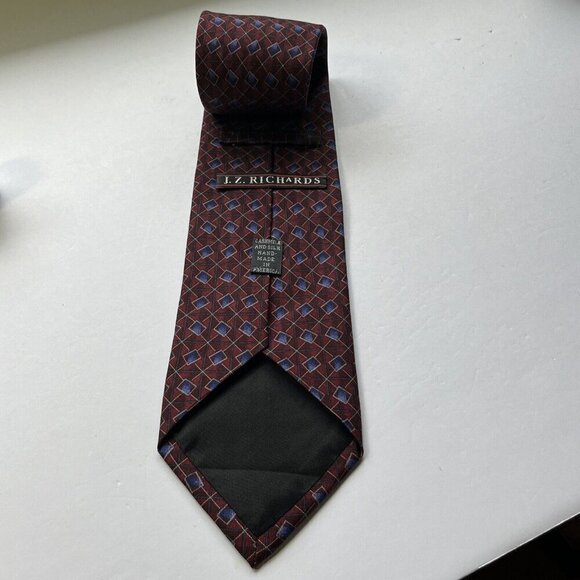 J Z RICHARDS Red & Blue Necktie CASHMERE & SILK Hand Made USA Geometric Pattern - Picture 3 of 5